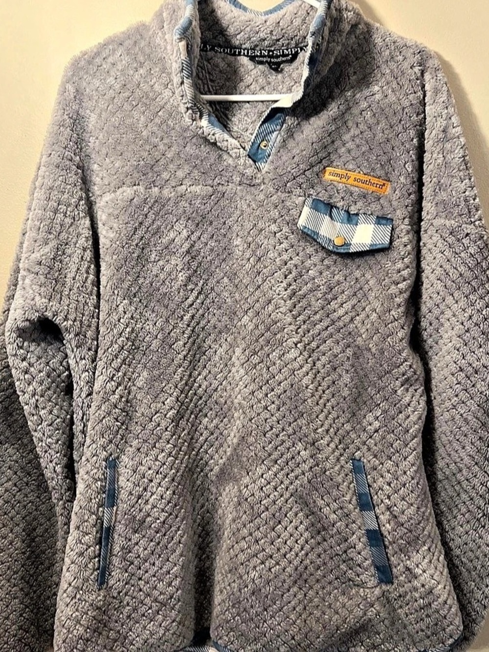 Simply Southern Simply Soft Sherpa Pullover with Plaid Trim Gray & Blue Size XL